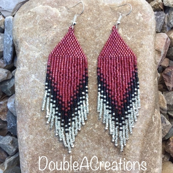 Deep Red and Silver Beaded Earrings with Fringe, New, Handmade by Me - Picture 6 of 9